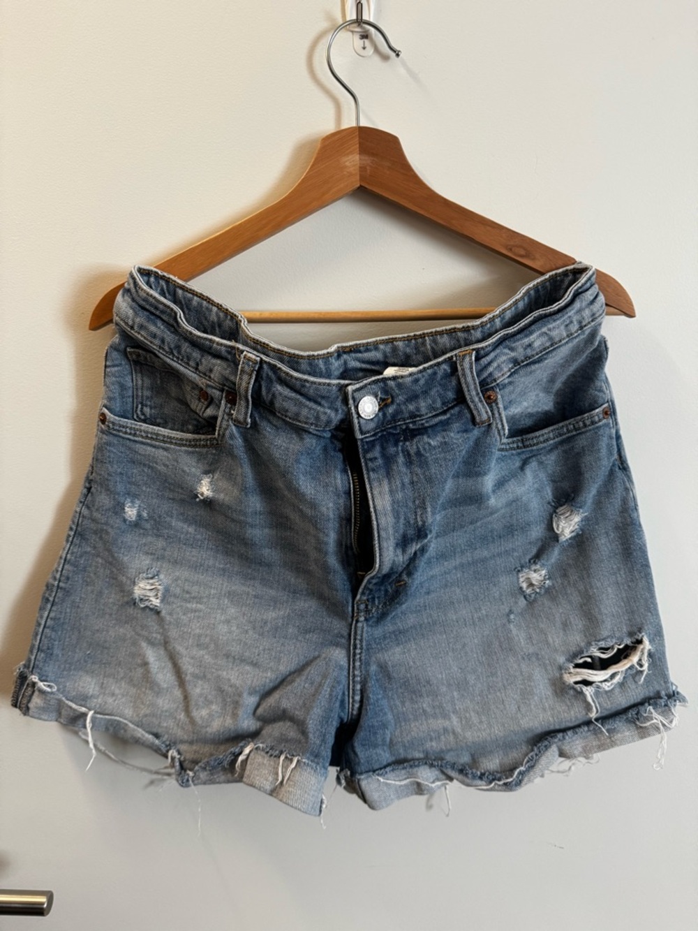H&M High-Rise Distressed Bleach Wash Denim Shorts - Blue